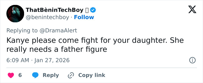 Tweet text on a social media app from user ThatBèninTechBoy asking Kanye to fight for his daughter amid parenting controversy.