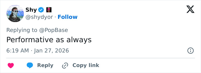 Tweet by user Shy replying to PopBase, commenting performatively on Billie Eilish's response in American Way of Thinking controversy.