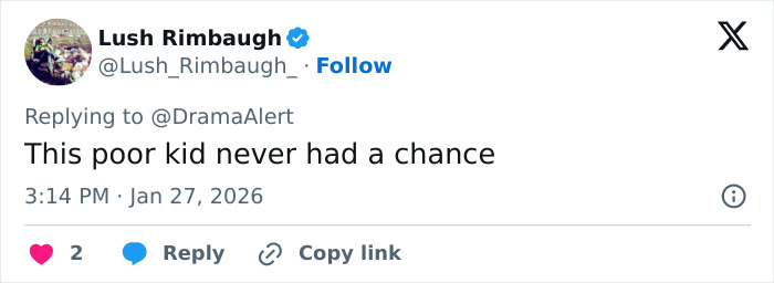 Tweet by user Lush Rimbaugh replying to DramaAlert, commenting on a child amid parenting controversy and viral livestream incident.