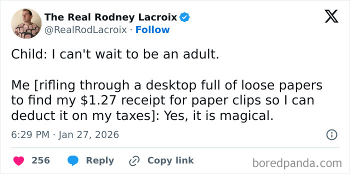 Tweet by The Real Rodney Lacroix humorously relating to dad and husband life about adulting and saving receipts for taxes.