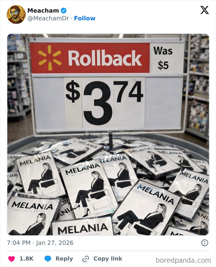 Books titled Melania displayed under a rollback sign at $3.74, highlighting Melania Trump roasted memes amid documentary flop.