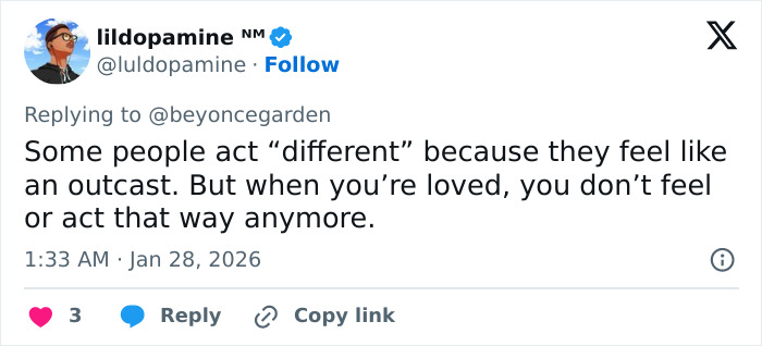 Tweet by user lildopamine expressing thoughts on feeling loved and acting different, related to JoJo Siwa's transformation.