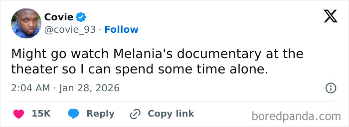 Tweet screenshot showing a user joking about watching Melania Trump's documentary alone amid flopping premiere.