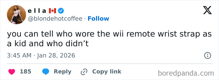 Tweet about Wii remote wrist straps with engagement icons, illustrating internet humor from January posts.