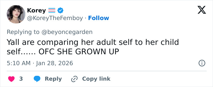 Screenshot of a Twitter reply discussing JoJo Siwa&rsquo;s massive transformation and reactions to her grown-up appearance.