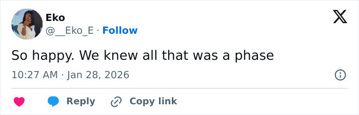 Tweet from user Eko expressing happiness and relief about JoJo Siwa's latest confession and massive transformation.