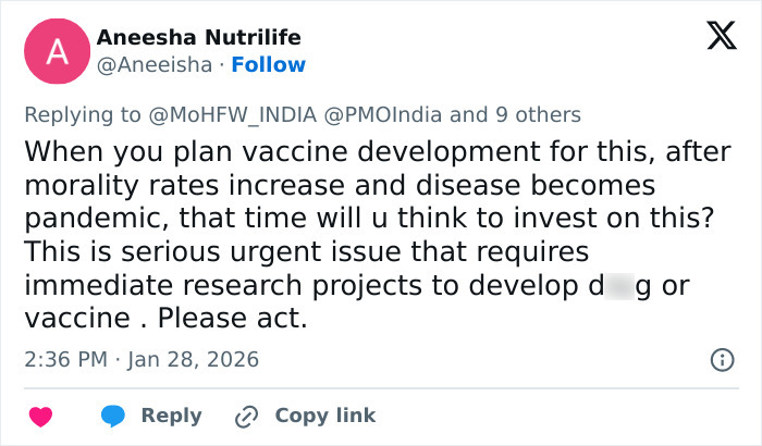 Tweet discussing urgent vaccine development after incurable virus outbreak causing COVID-style airport restrictions.