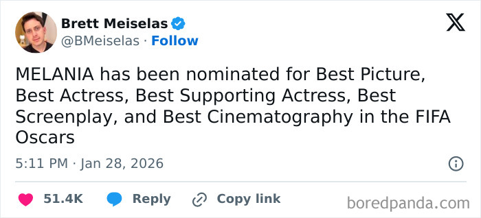 Tweet showing sarcastic nominations for Melania Trump amid memes and jokes online about flopping documentary premiere.