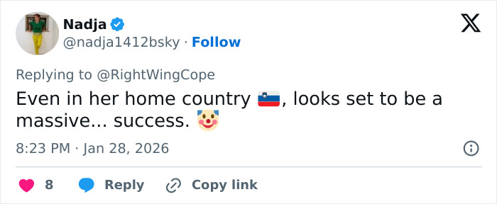 Screenshot of a tweet commenting on Melania Trump's new documentary, highlighting viral images showing humiliating truth.