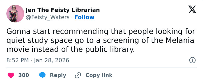 Social media post recommending Melania Trump's documentary screening as an alternative quiet study space option.