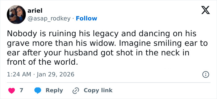 Screenshot of a social media post criticizing Erika Kirk’s grin days after Charlie’s passing amid backlash and explosive audio.