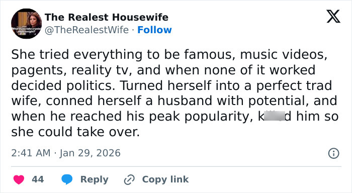Screenshot of a tweet by The Realest Housewife discussing Erika Kirk’s grin in a leaked clip amid backlash and explosive audio.