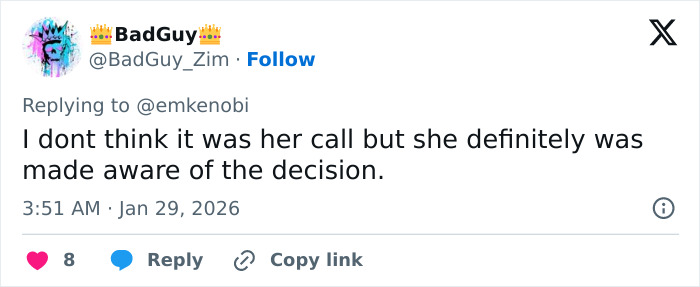 Screenshot of a tweet discussing awareness of a decision, related to Erika Kirk’s grin in leaked clip backlash.