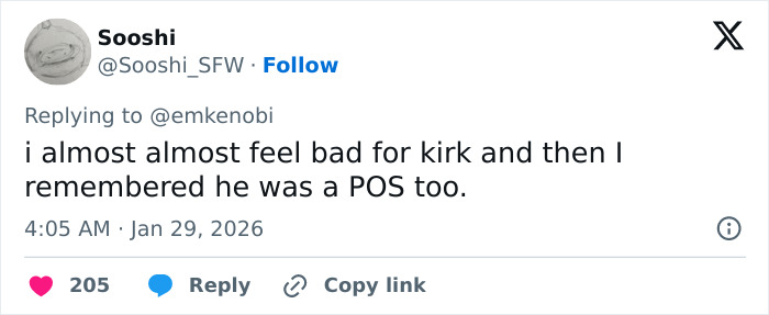 Screenshot of a tweet mentioning Kirk, discussing negative feelings amid backlash over leaked clip and explosive audio.