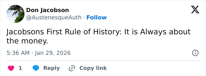 Screenshot of a tweet criticizing history for being about money, related to Erika Kirk’s grin backlash and explosive audio.