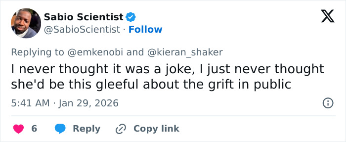 Tweet from Sabio Scientist reacting to Erika Kirk’s grin in leaked clip days after Charlie’s passing, sparking public backlash.