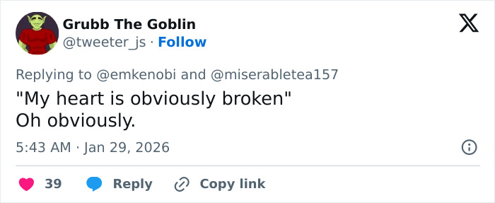 Screenshot of a tweet with sarcastic text about heartbreak, highlighting Erika Kirk’s grin in leaked clip controversy.