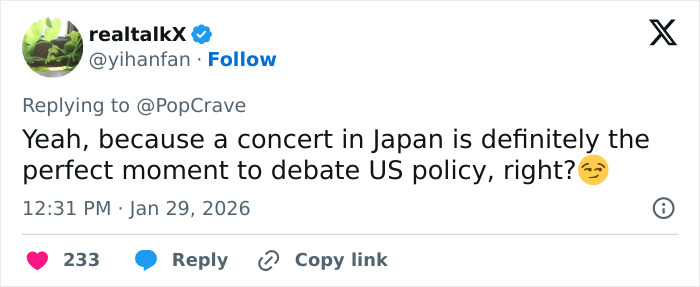 Tweet screenshot showing a user commenting on Lady Gaga halting concert to deliver a bold ICE speech during a Japan show. Tweet screenshot showing a user commenting on Lady Gaga halting concert to deliver a bold ICE speech during a Japan show.