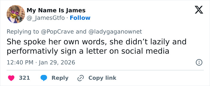 Tweet by user My Name Is James reacting to Lady Gaga’s bold ICE speech during a concert, emphasizing her genuine activism online. Tweet by user My Name Is James reacting to Lady Gaga’s bold ICE speech during a concert, emphasizing her genuine activism online.