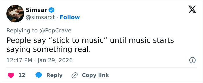 Tweet by Simsar replying to PopCrave about music saying something real, related to Lady Gaga bold ICE speech at concert. Tweet by Simsar replying to PopCrave about music saying something real, related to Lady Gaga bold ICE speech at concert.