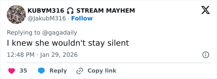 Tweet from user KUBVM316 replying to gagadaily, stating support for Lady Gaga speaking out during her concert about ICE issues. Tweet from user KUBVM316 replying to gagadaily, stating support for Lady Gaga speaking out during her concert about ICE issues.