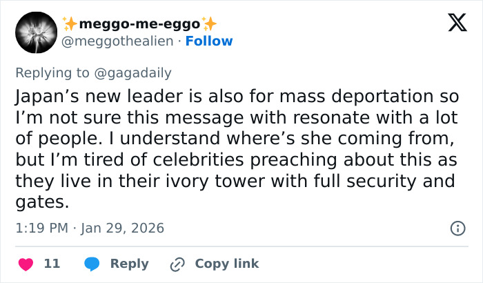 Tweet about mixed reactions to Lady Gaga’s bold ICE speech during concert, mentioning celebrity activism and security concerns. Tweet about mixed reactions to Lady Gaga’s bold ICE speech during concert, mentioning celebrity activism and security concerns.