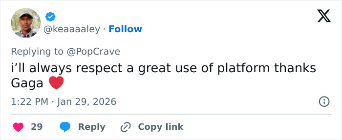 User tweet praising Lady Gaga’s bold ICE speech during concert, showing respect for her platform use. User tweet praising Lady Gaga’s bold ICE speech during concert, showing respect for her platform use.