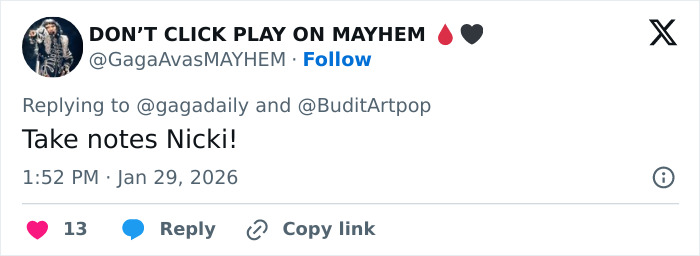 Tweet replying to a Lady Gaga fan account referencing a bold ICE speech during her concert, urging to take notes from Nicki. Tweet replying to a Lady Gaga fan account referencing a bold ICE speech during her concert, urging to take notes from Nicki.