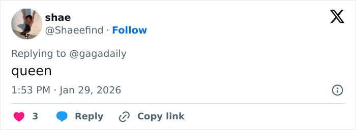 Screenshot of a social media reply praising Lady Gaga’s bold ICE speech during her concert performance. Screenshot of a social media reply praising Lady Gaga’s bold ICE speech during her concert performance.