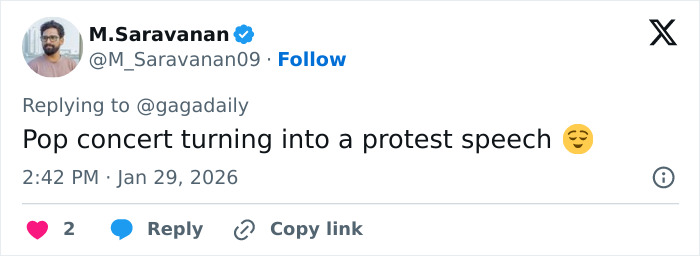 Twitter post showing a user commenting on Lady Gaga halting a concert to deliver a bold ICE speech. Twitter post showing a user commenting on Lady Gaga halting a concert to deliver a bold ICE speech.