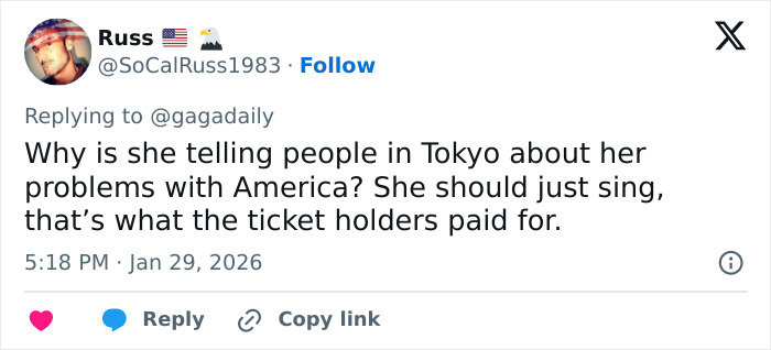 Tweet criticizing Lady Gaga halting concert in Tokyo to deliver bold ICE speech about America’s issues during performance. Tweet criticizing Lady Gaga halting concert in Tokyo to deliver bold ICE speech about America’s issues during performance.