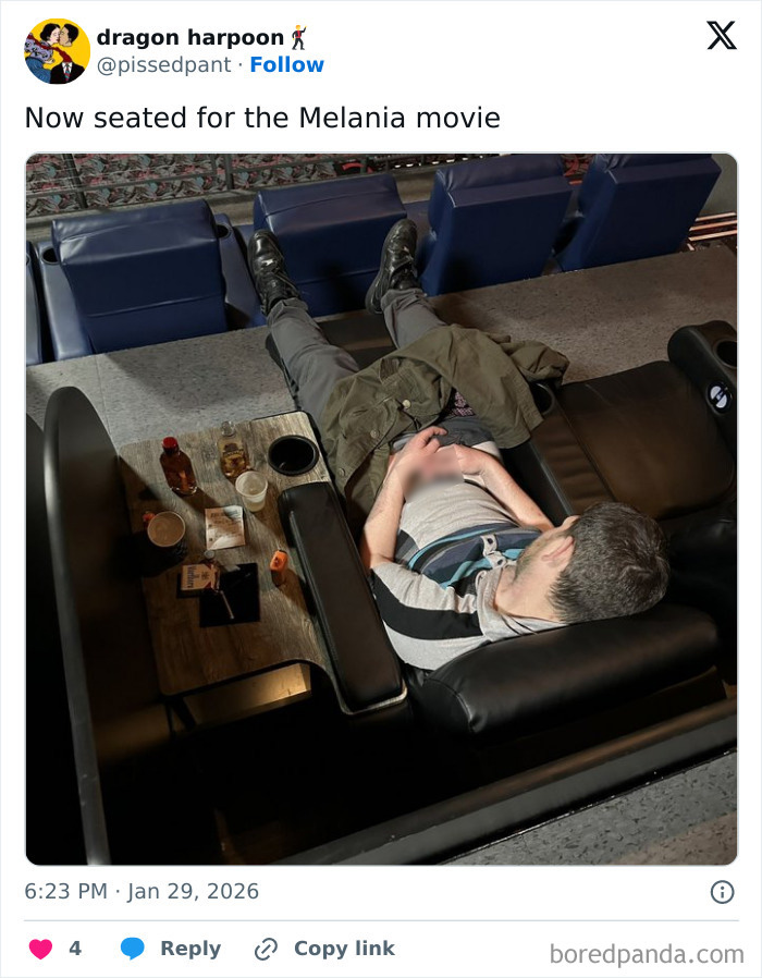 Person lying down in a reclining chair with drinks nearby, illustrating Melania Trump roasted with memes online.
