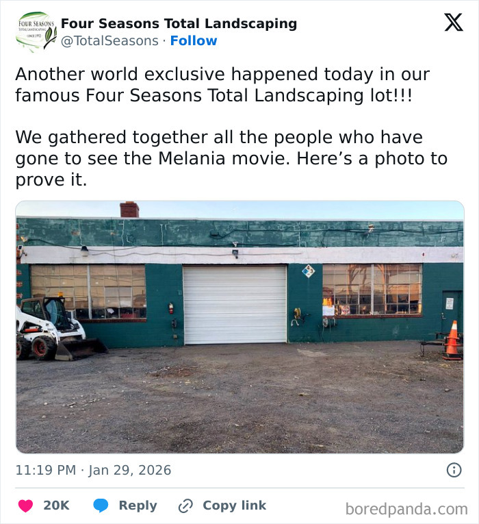 Empty parking lot of Four Seasons Total Landscaping with garage doors and construction equipment amid Melania Trump roasted memes online.