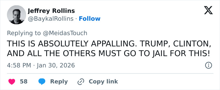 Screenshot of a tweet condemning Trump amid new files about 13-year-old Epstein victim claims.