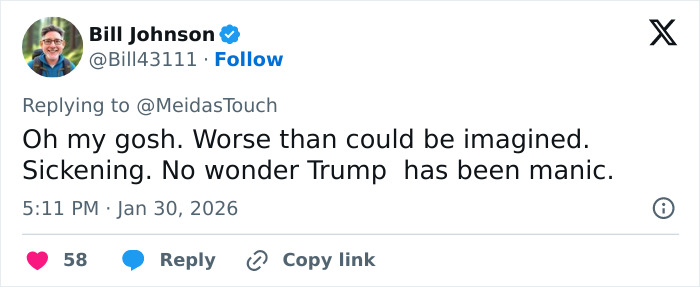 Tweet from Bill Johnson reacting to new files about 13-year-old Epstein victim's claims involving Trump.