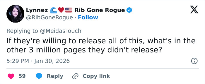 Screenshot of a tweet questioning the unreleased 3 million pages of files related to the 13-year-old Epstein victim claims.