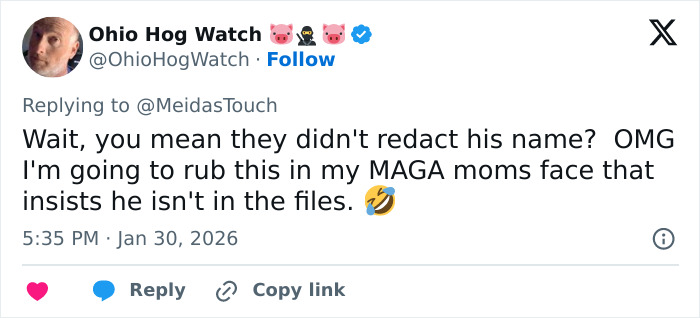 Screenshot of Ohio Hog Watch&rsquo;s tweet reacting to Epstein victim files mentioning Trump without redaction, with a laughing emoji.