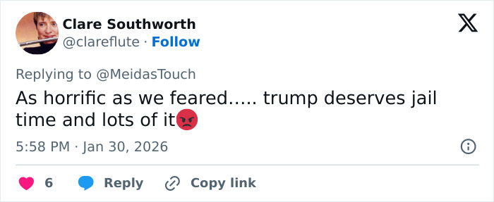 User tweet expressing anger over Trump with mention of jail time, linked to 13-year-old Epstein victim claims in new files.