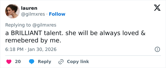 Tweet from Lauren expressing admiration and remembrance for Schitt’s Creek star Catherine O'Hara after her passing at 71. Tweet from Lauren expressing admiration and remembrance for Schitt’s Creek star Catherine O'Hara after her passing at 71.