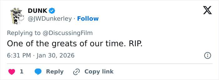 Tweet from user DUNK paying tribute to Schitt’s Creek star Catherine O'Hara, expressing RIP and calling her one of the greats. Tweet from user DUNK paying tribute to Schitt’s Creek star Catherine O'Hara, expressing RIP and calling her one of the greats.