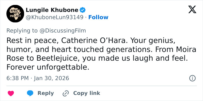 Tweet tribute to Schitt’s Creek star Catherine O'Hara highlighting her genius, humor, and unforgettable impact at age 71. Tweet tribute to Schitt’s Creek star Catherine O'Hara highlighting her genius, humor, and unforgettable impact at age 71.