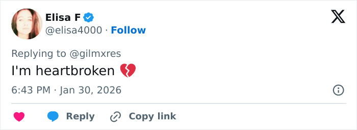 Elisa F expressing heartbreak in a tweet with a broken heart emoji, reacting to Schitt’s Creek star Catherine O'Hara news. Elisa F expressing heartbreak in a tweet with a broken heart emoji, reacting to Schitt’s Creek star Catherine O'Hara news.