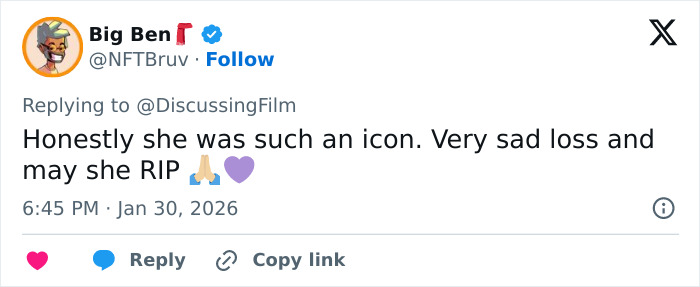 Tweet expressing sadness over the passing of Schitt’s Creek star Catherine O'Hara, calling her an icon. Tweet expressing sadness over the passing of Schitt’s Creek star Catherine O'Hara, calling her an icon.