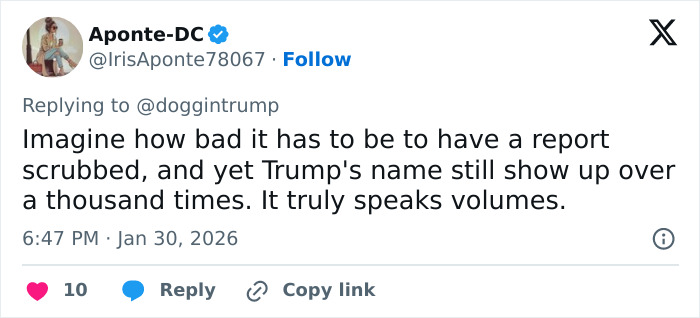 Screenshot of a tweet discussing Epstein victim files mentioning Trump&rsquo;s name appearing frequently in new reports.