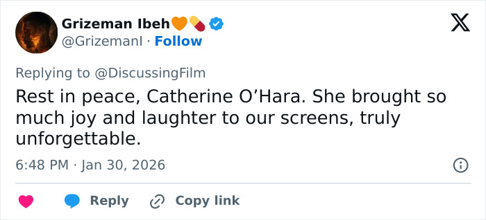 Tweet expressing condolences for Schitt’s Creek star Catherine O'Hara, remembering her joyful and unforgettable impact on screens. Tweet expressing condolences for Schitt’s Creek star Catherine O'Hara, remembering her joyful and unforgettable impact on screens.
