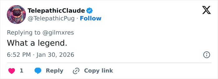 Tweet by user TelepathicClaude replying to @gilmxres, calling Catherine O'Hara a legend, posted January 30, 2026. Tweet by user TelepathicClaude replying to @gilmxres, calling Catherine O'Hara a legend, posted January 30, 2026.