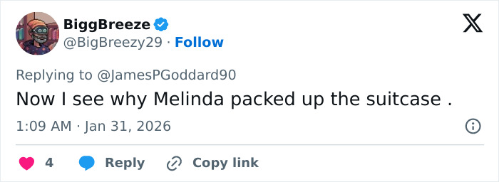 Screenshot of a tweet discussing Melinda packing a suitcase, related to Epstein files alleging Bill Gates caught an STD.