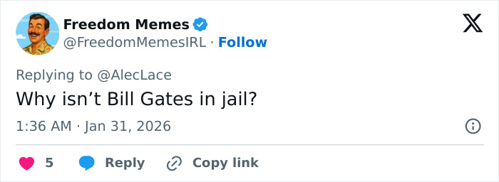 Screenshot of a tweet questioning why Bill Gates is not in jail, referencing Epstein files and alleged STD claims.