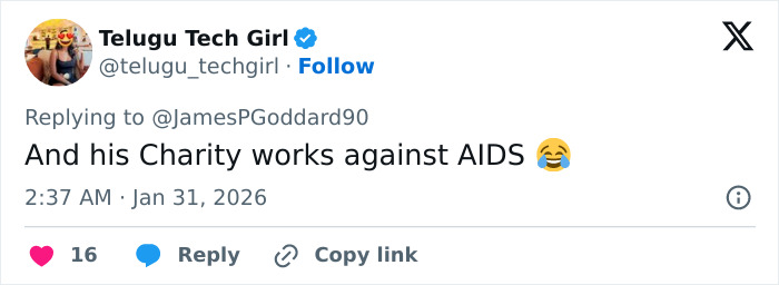 Tweet from Telugu Tech Girl replying about charity work against AIDS with a laughing emoji, timestamped January 31, 2026.