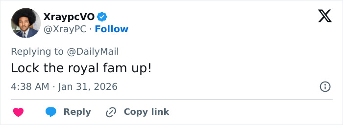 Tweet from user XraypcVO calling to lock up the royal family amid new disturbing images of Prince Andrew and Epstein emails.